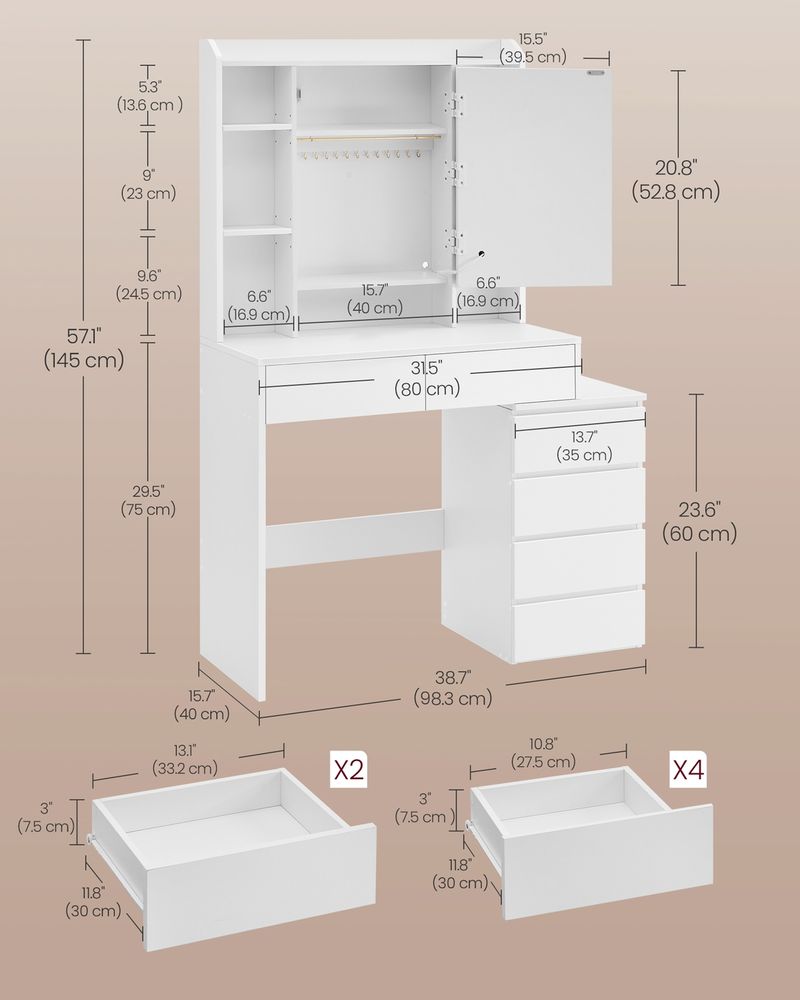 Dressing Table - LED Mirror with Drawers - Cloud White Finish