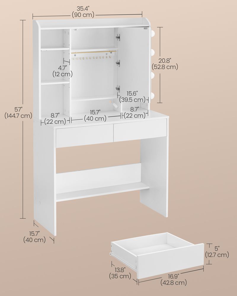 Dressing Table - LED Lighted Mirror Design - White Finish