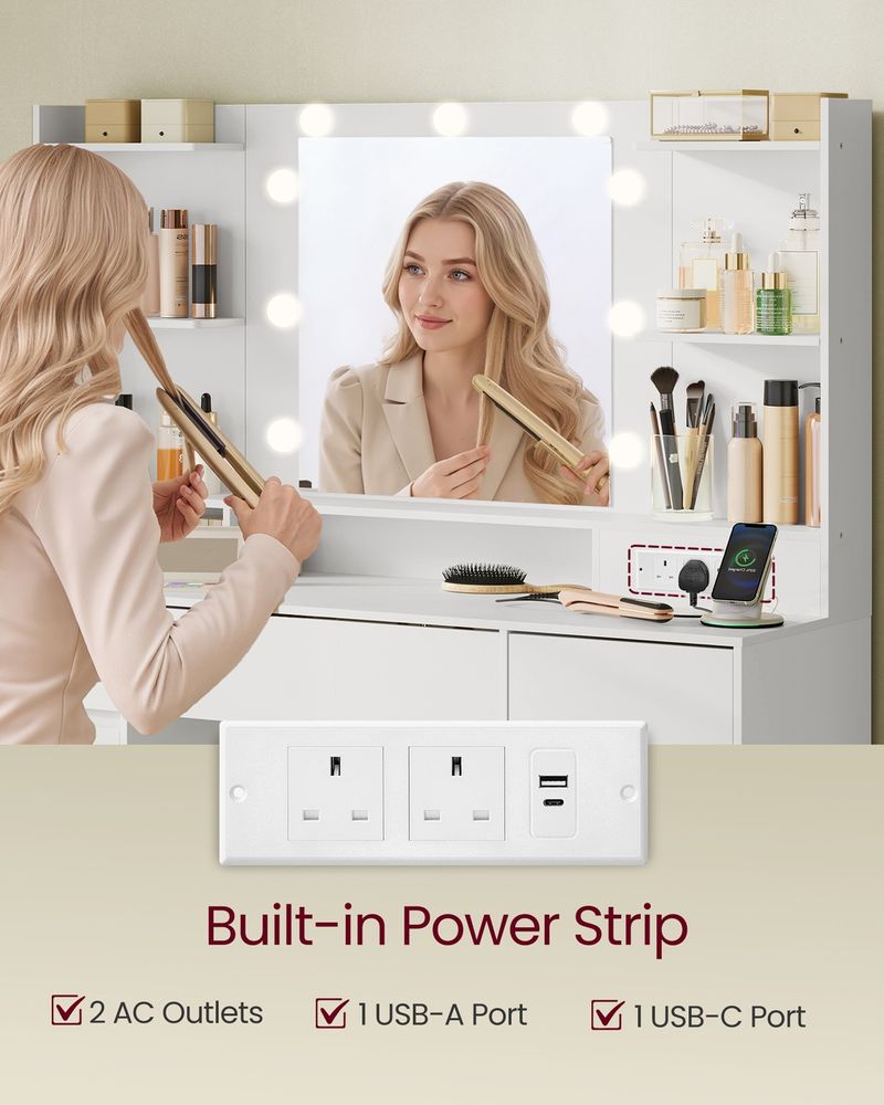 Dressing Table - LED Mirror with 9 Drawers - Cloud White Finish