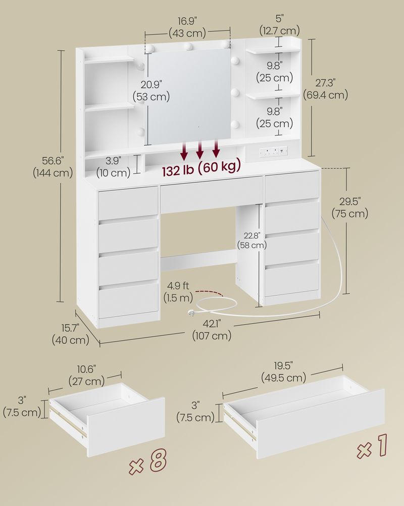 Dressing Table - LED Mirror with 9 Drawers - Cloud White Finish