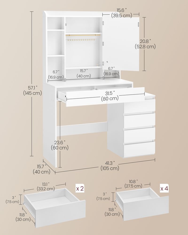 Dressing Table - LED Mirror with Drawers - Cloud White Finish