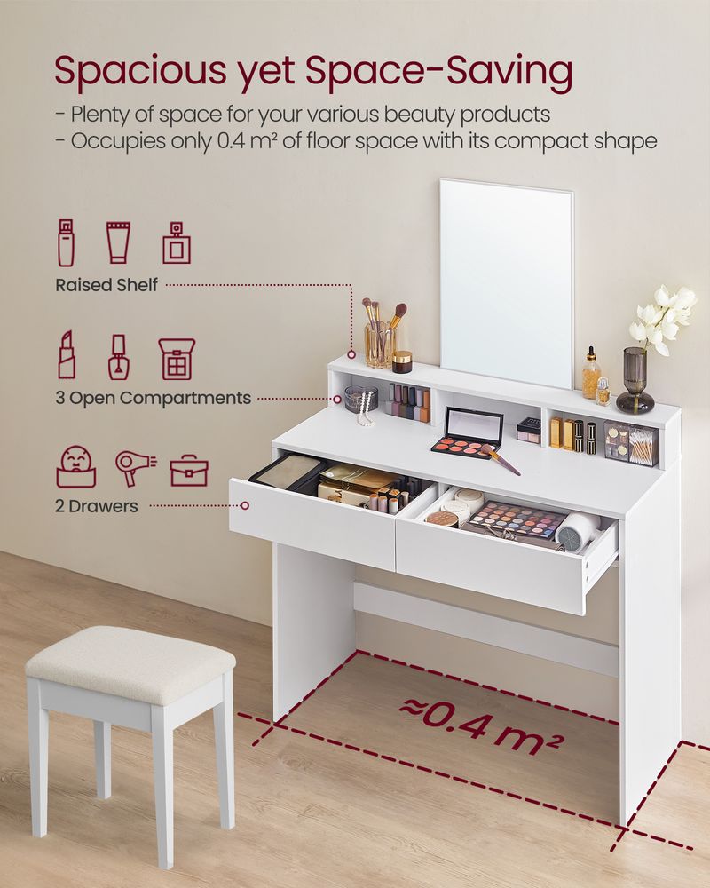 Dressing Table - Large Rectangular Mirror Design - White Finish