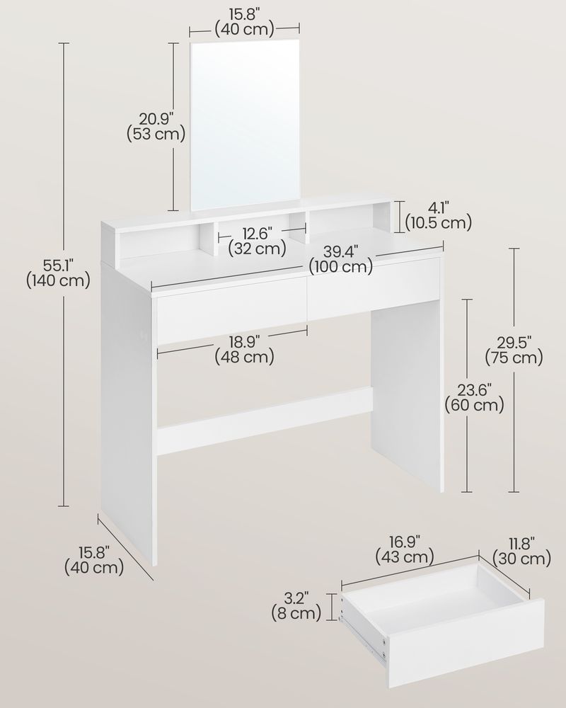 Dressing Table - Large Rectangular Mirror Design - White Finish