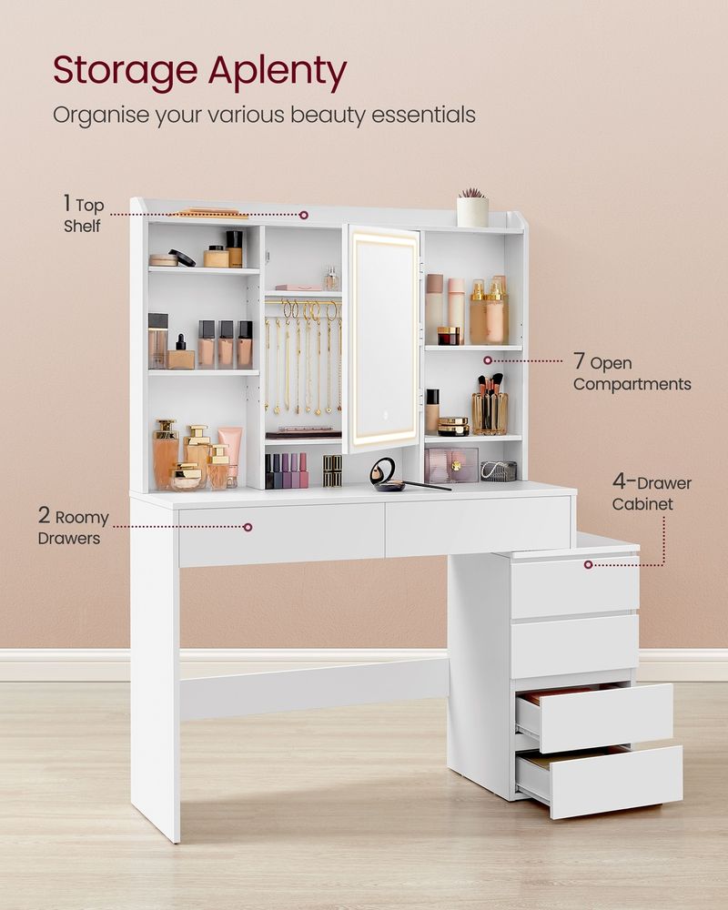 Dressing Table - LED Mirror with Drawers - Cloud White Finish