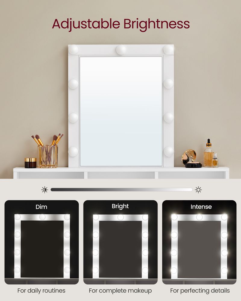 Dressing Table - LED Mirror with Adjustable Brightness - White Finish