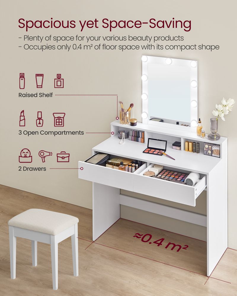 Dressing Table - LED Mirror with Adjustable Brightness - White Finish