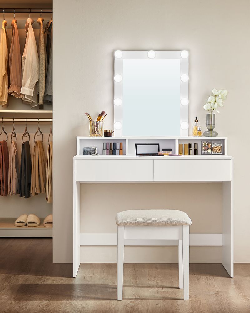 Dressing Table - LED Mirror with Adjustable Brightness - White Finish