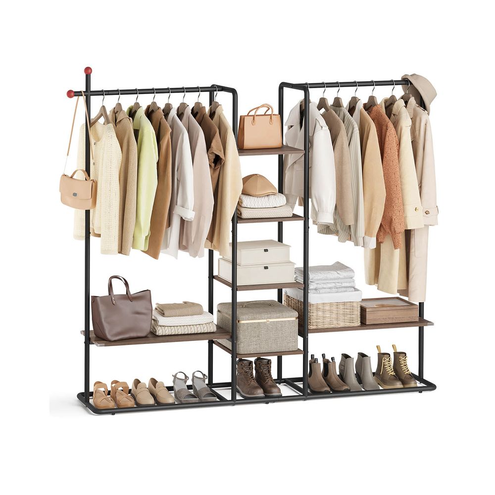 Clothes Rail - 2 Hanging Rails Storage System - 6 Shelves Configuration