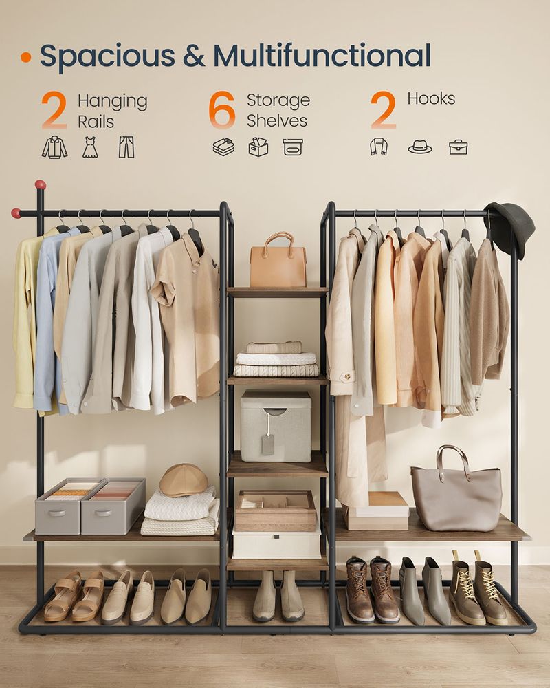 Clothes Rail - 2 Hanging Rails Storage System - 6 Shelves Configuration