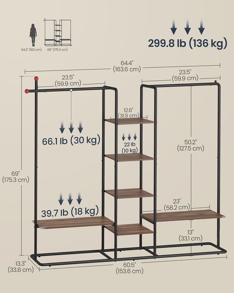 Clothes Rail - 2 Hanging Rails Storage System - 6 Shelves Configuration