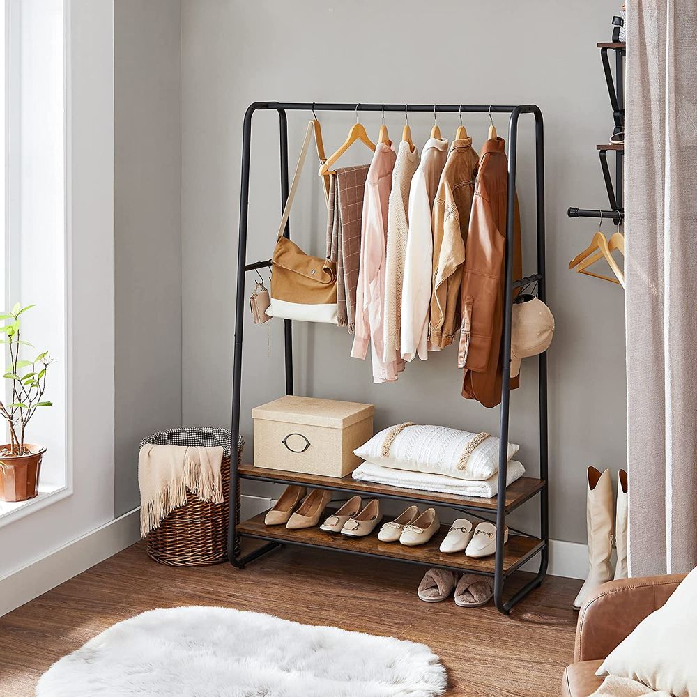 Clothes Rack - Freestanding Shelving Storage Design - Brown & Black Finish