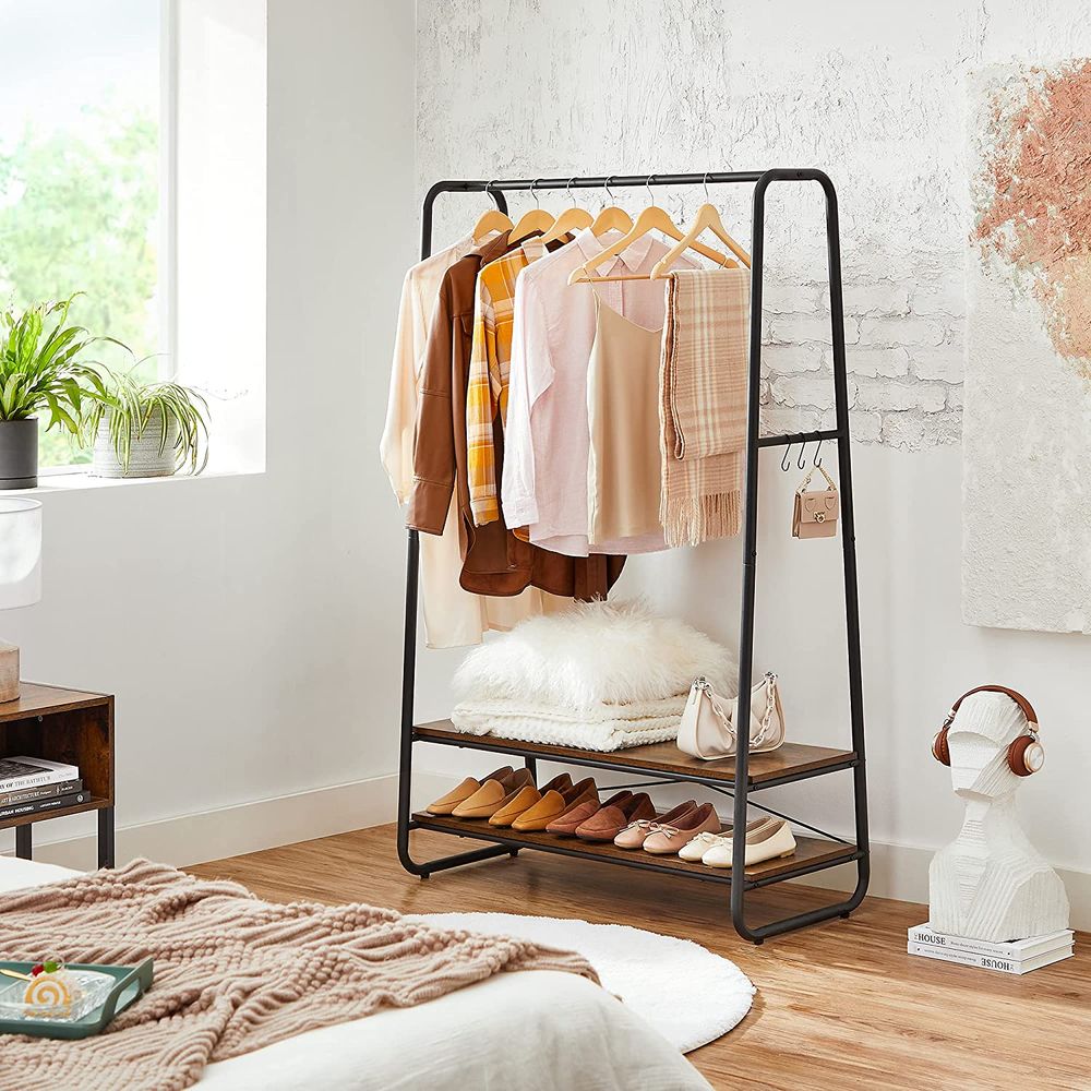 Clothes Rack - Freestanding Shelving Storage Design - Brown & Black Finish