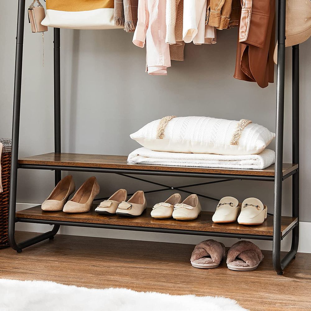 Clothes Rack - Freestanding Shelving Storage Design - Brown & Black Finish