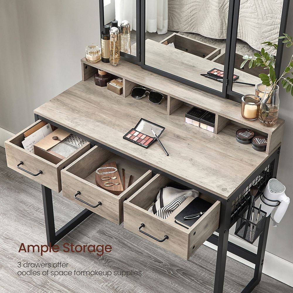 Dressing Table - Mirror with Stool Set - 3 Drawers Freestanding Vanity Unit