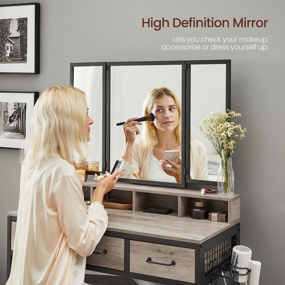 Dressing Table - Mirror with Stool Set - 3 Drawers Freestanding Vanity Unit