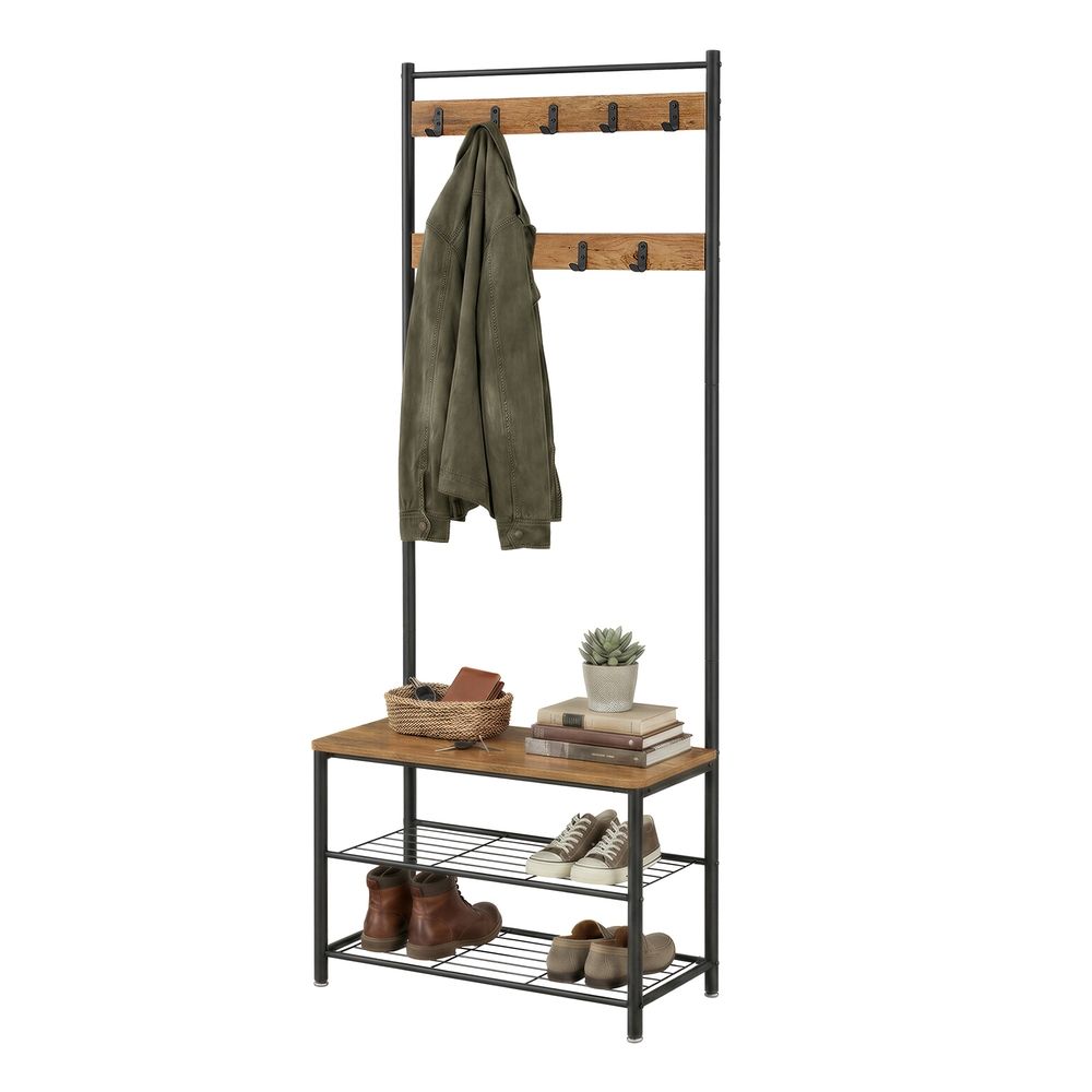 Hallway Coat Rack Stand - Coat Rack with Shoe Storage Bench - Freestanding Hall Tree Design