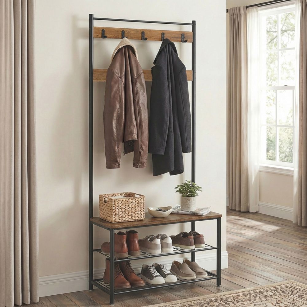 Hallway Coat Rack Stand - Coat Rack with Shoe Storage Bench - Freestanding Hall Tree Design