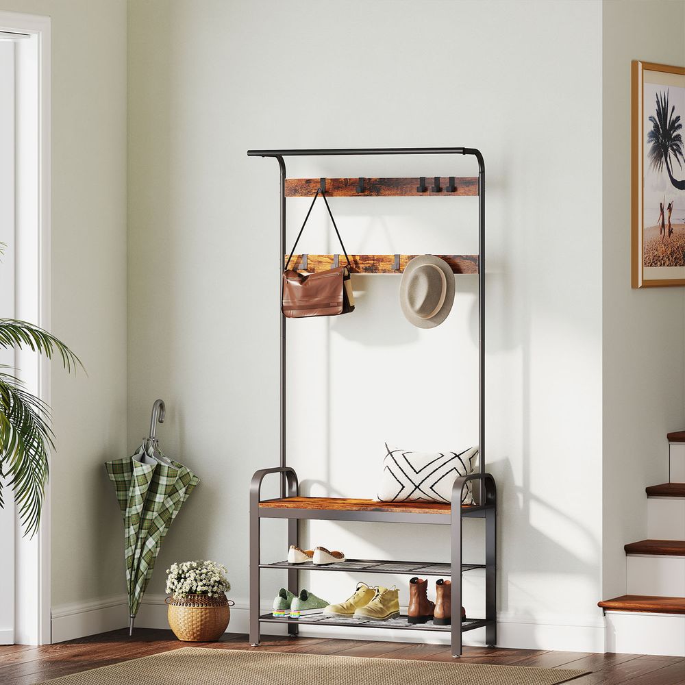 Hall Tree Coat Rack - Bench with Shoe Storage - 9 Removable Hooks