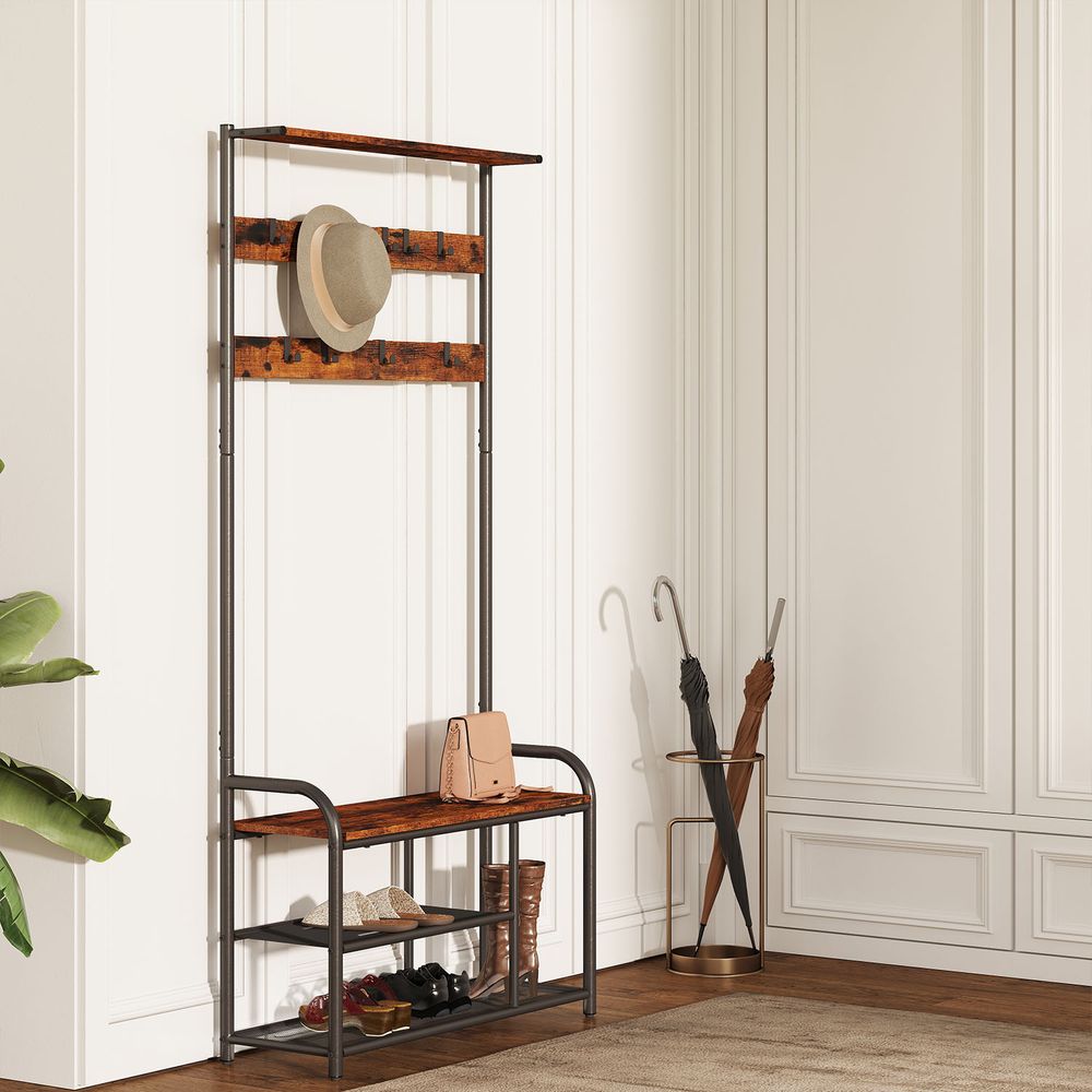 Hall Tree Coat Rack - Bench with Shoe Storage - 9 Removable Hooks