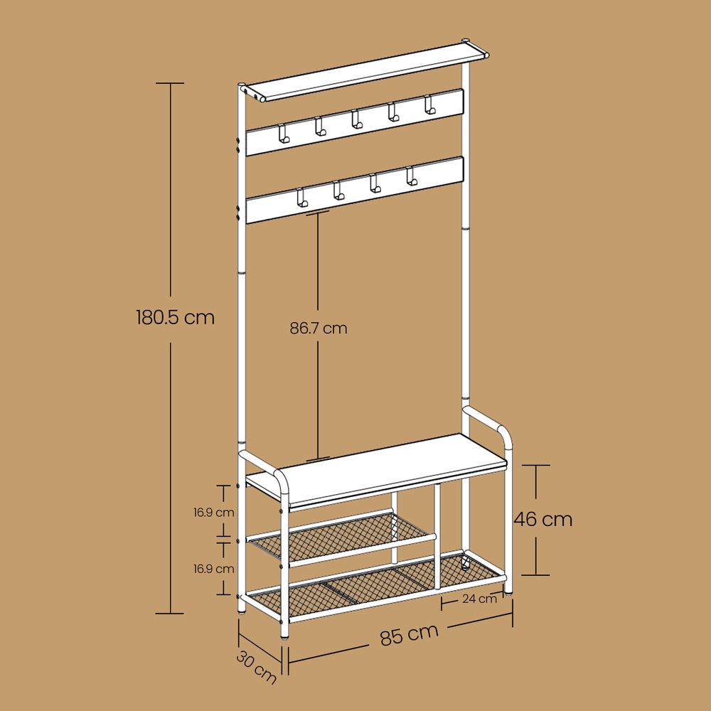 Hall Tree Coat Rack - Bench with Shoe Storage - 9 Removable Hooks