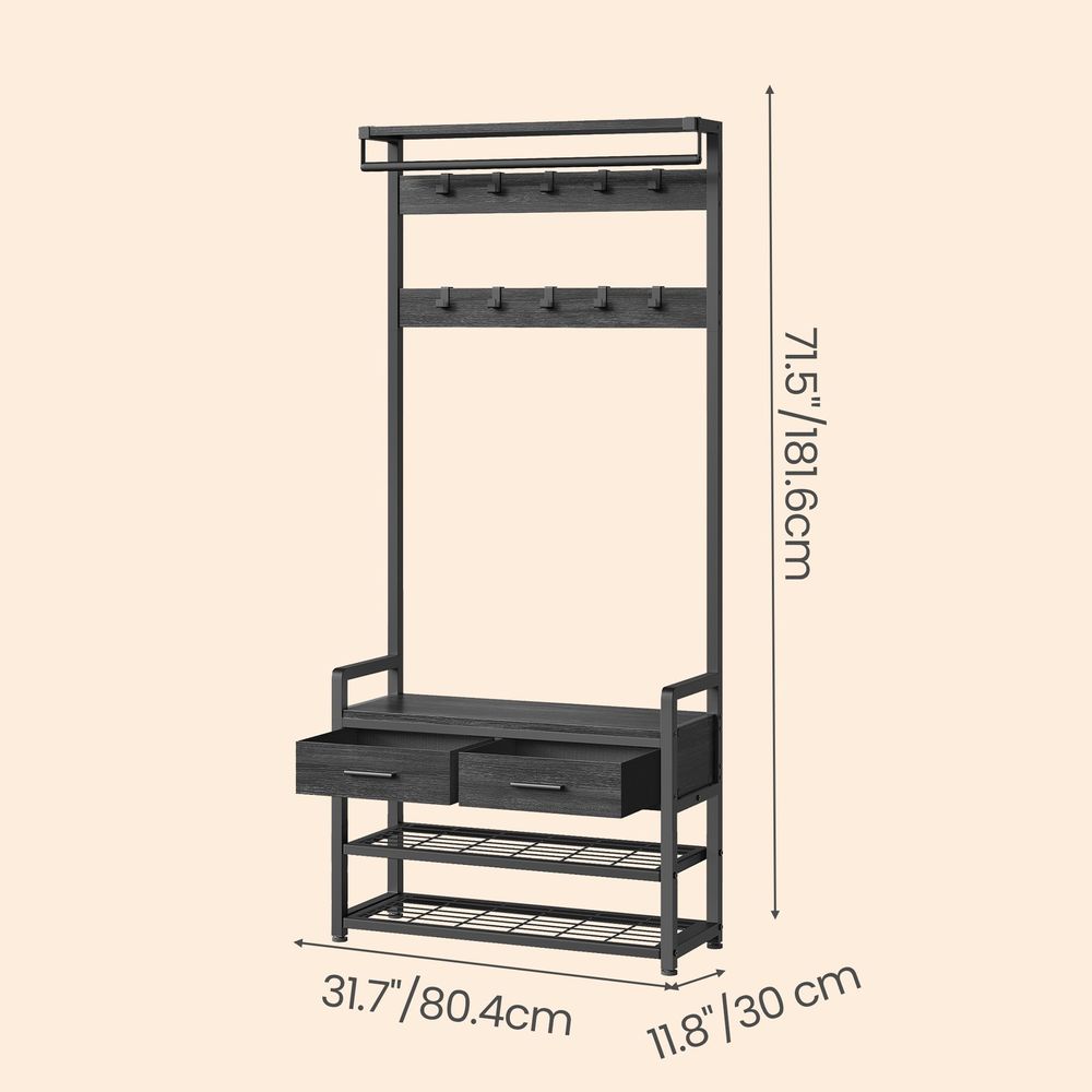 Hall Tree - Coat Rack with Shoe Bench - 30 x 80.4 x 181.6 cm