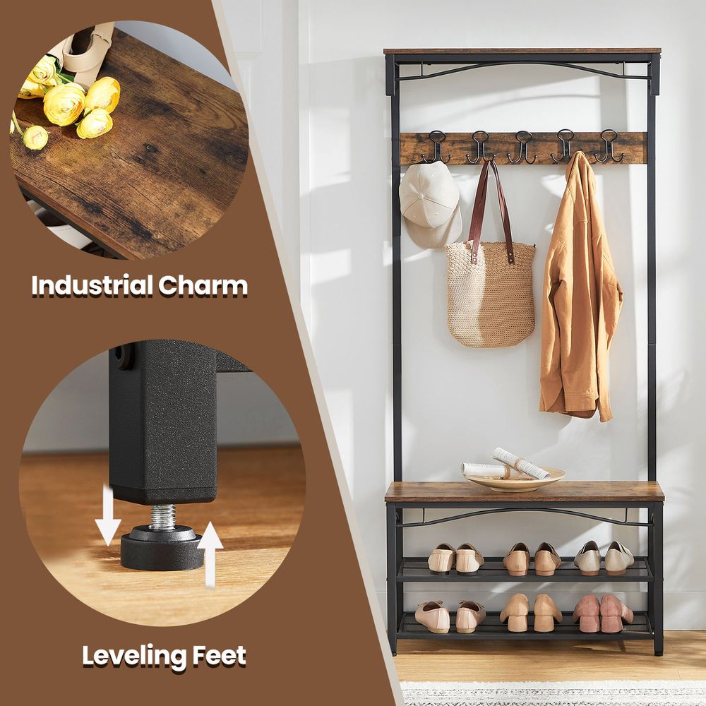 Hallway Coat Rack - Coat and Shoe Bench Storage - Brown Finish