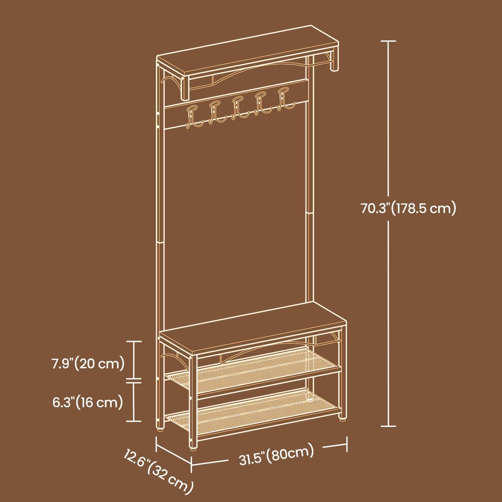 Hallway Coat Rack - Coat and Shoe Bench Storage - Brown Finish