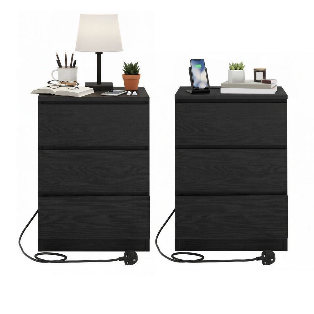 Side Tables - Integrated Charging Station Design - Set of 2 with 3 Drawers