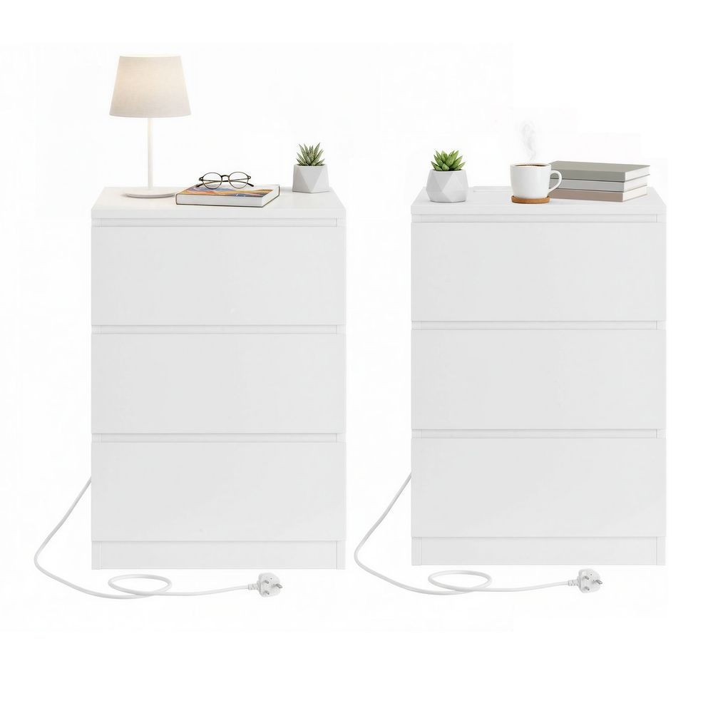 Side Tables - Integrated Charging Station Design - Set of 2 with 3 Drawers