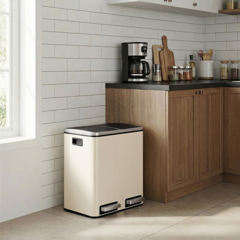 Rubbish Bin - Dual Compartment Recycling Design - 2 x 15L Capacity Unit