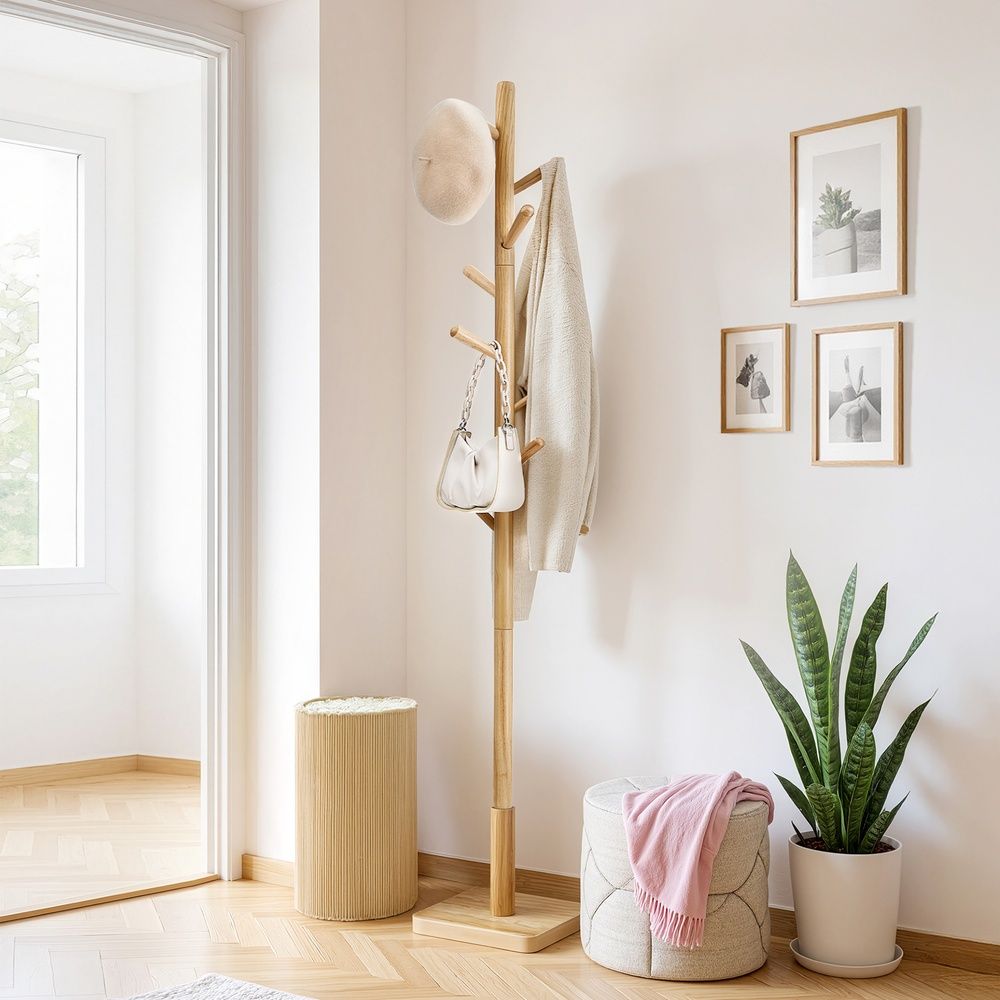 Wood Coat Rack - Freestanding with 8 Hooks - 3 Height Options