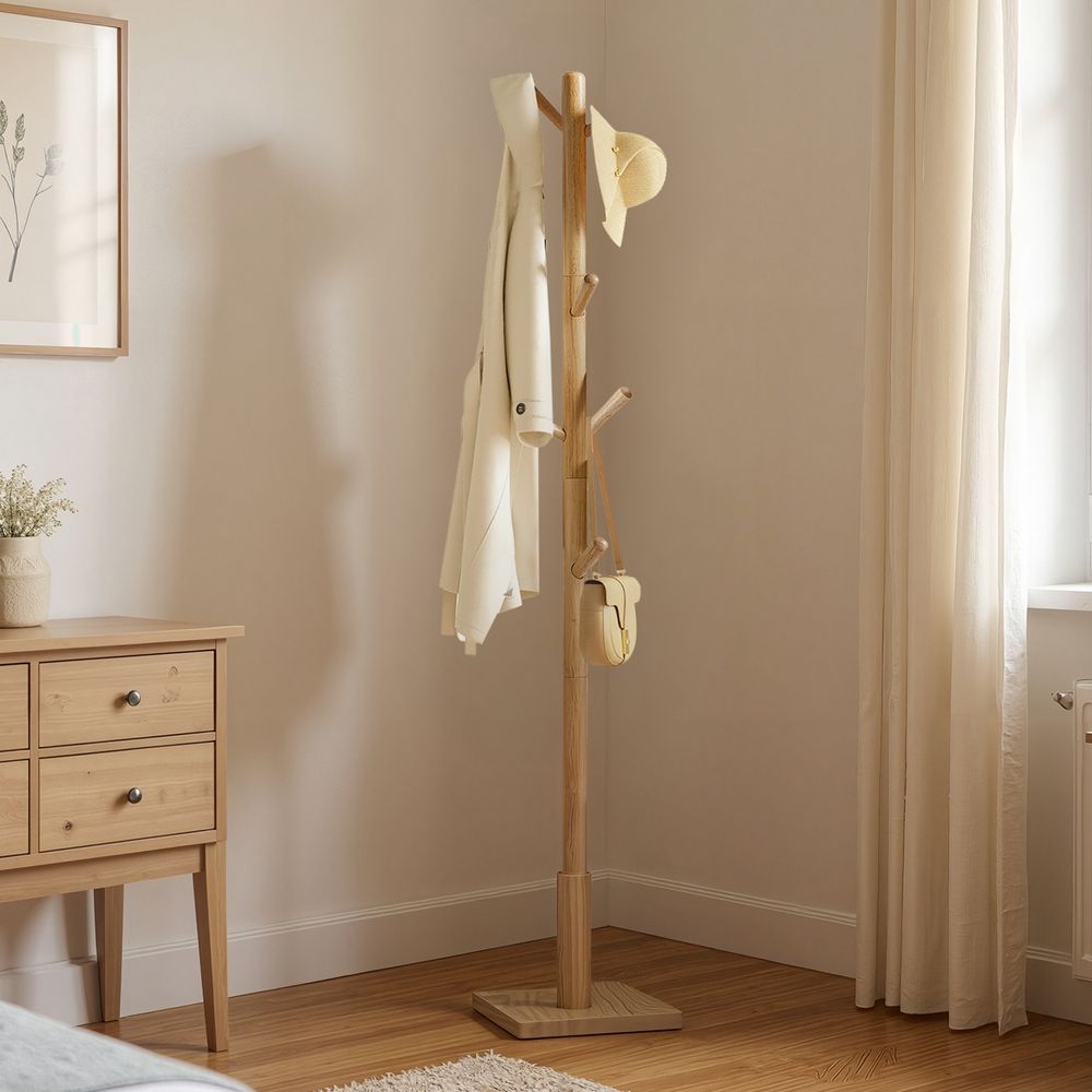 Wood Coat Rack - Freestanding with 8 Hooks - 3 Height Options