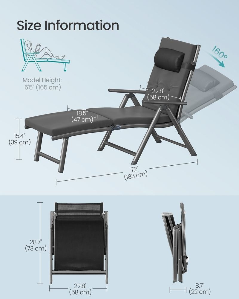 Folding Sun Lounger - 6 cm Thick Mattress Comfort - Adjustable Backrest Design