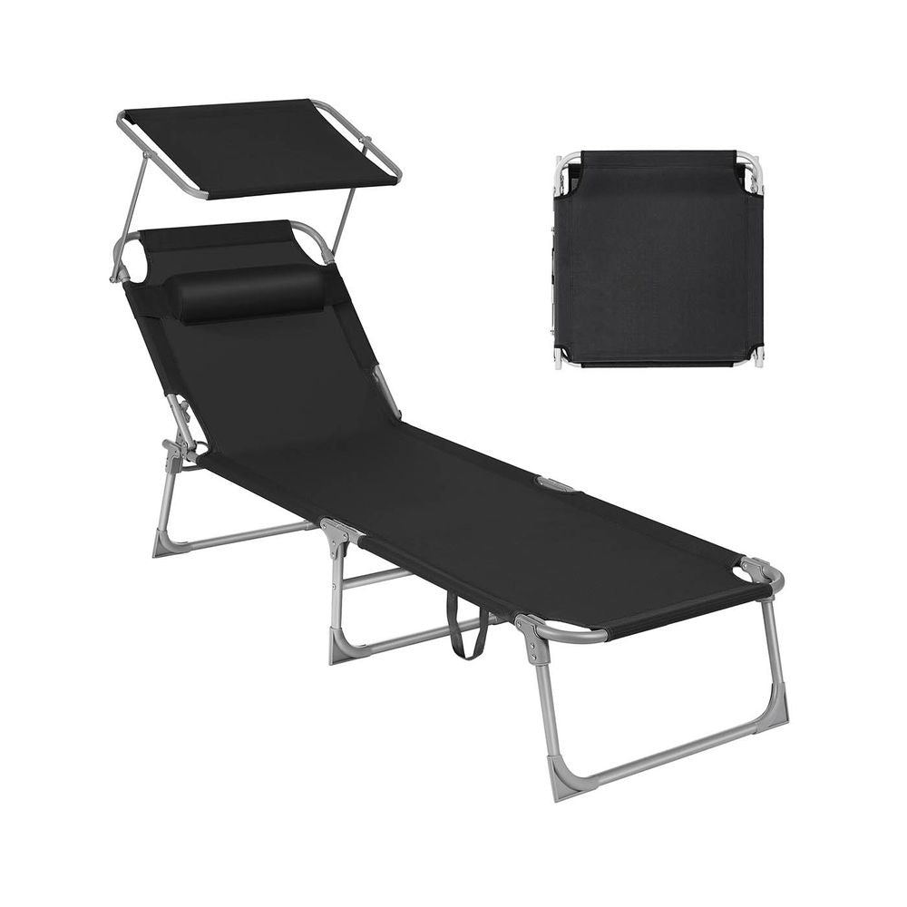 Folding Sun Lounger - Adjustable Backrest with Sunshade - Outdoor Seat