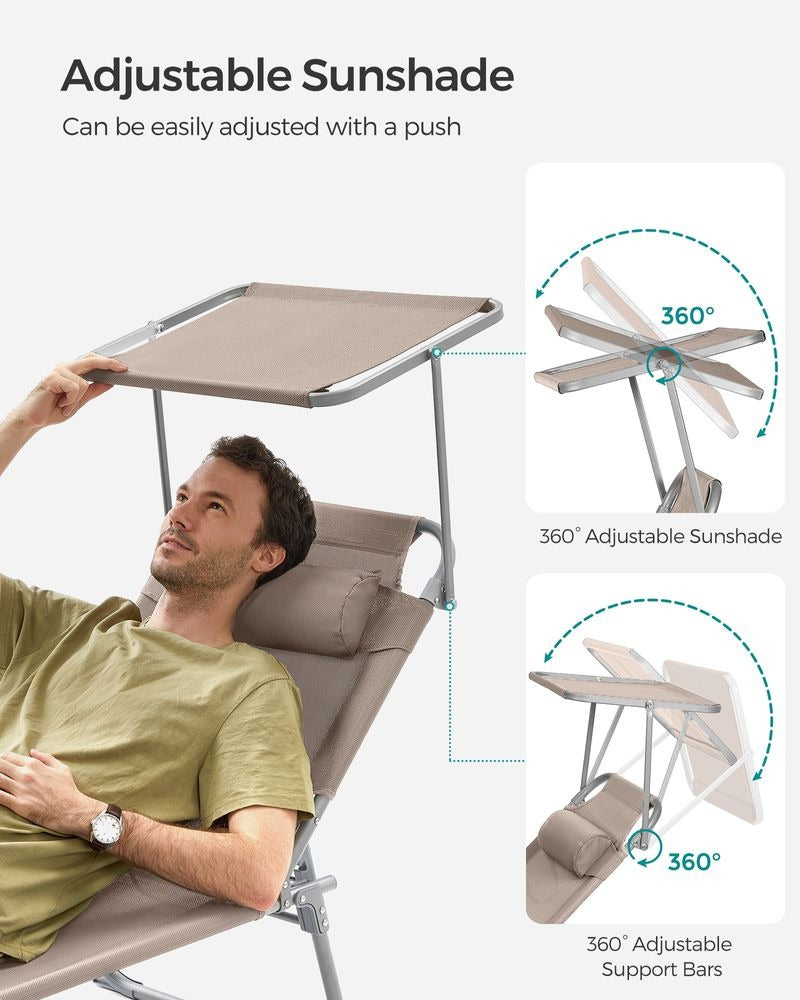 Folding Sun Lounger - Adjustable Backrest with Sunshade - Outdoor Seat