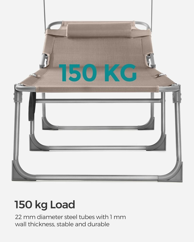 Folding Sun Lounger - Adjustable Backrest with Sunshade - Outdoor Seat