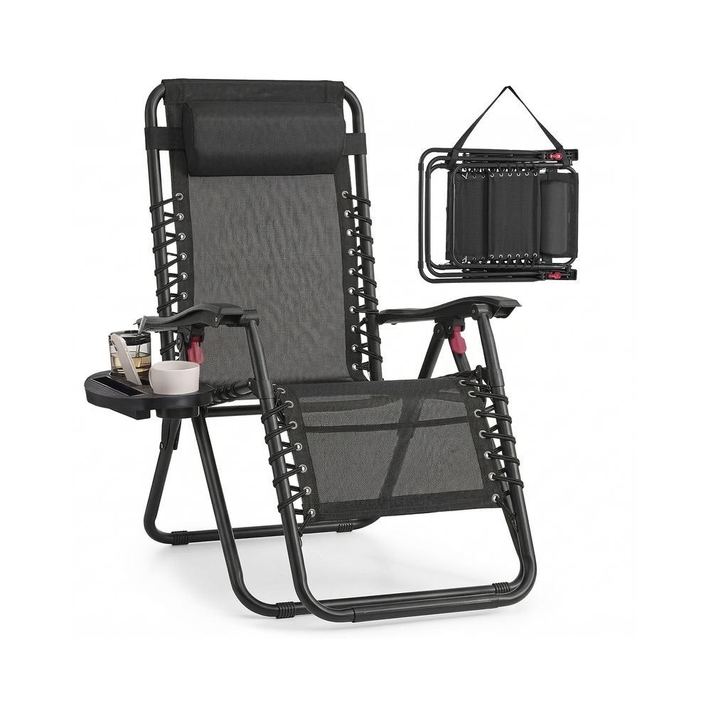 Zero Gravity Reclining Chairs - Folding Design with Tray Table - Set of 2 with Adjustable Headrest