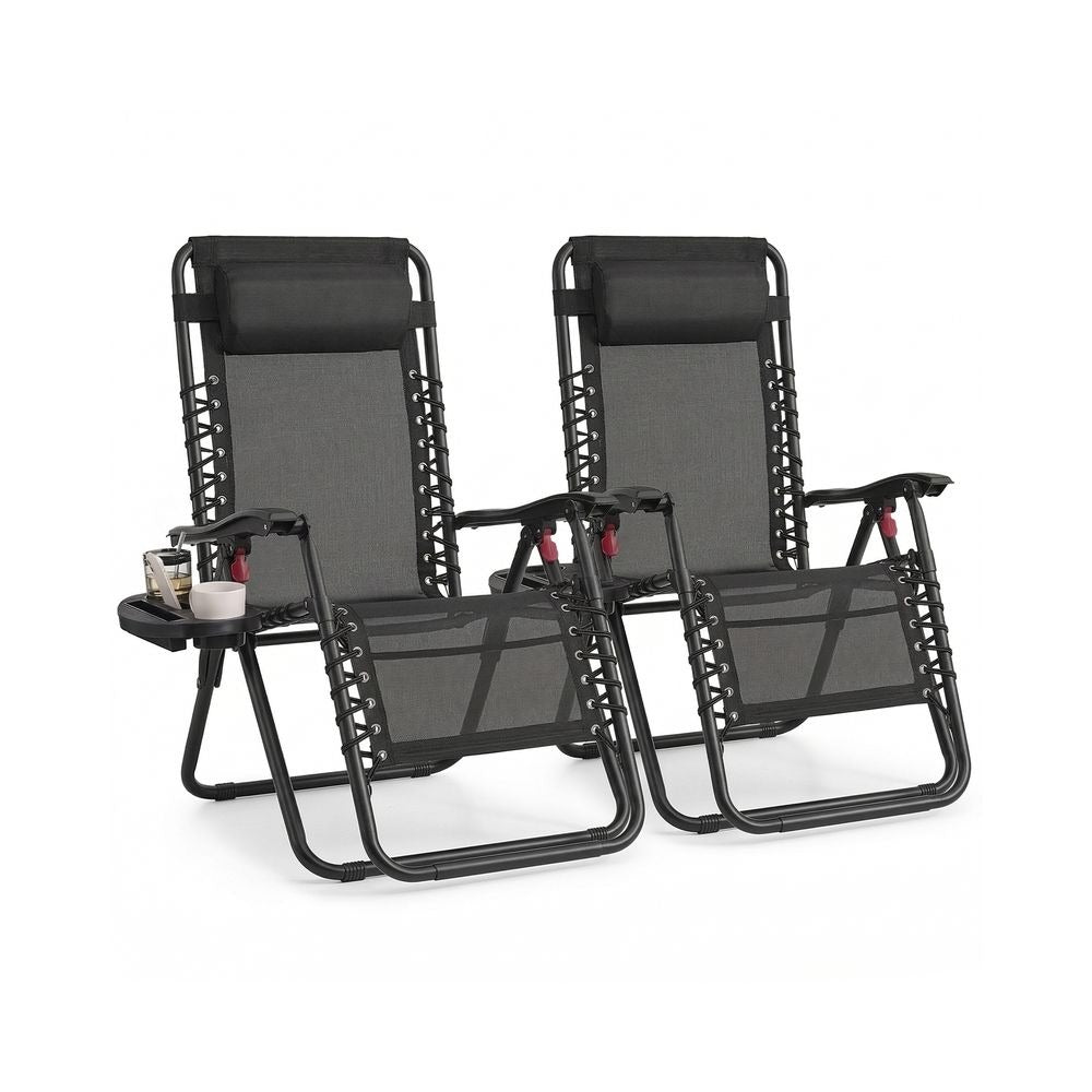 Zero Gravity Reclining Chairs - Folding Design with Tray Table - Set of 2 with Adjustable Headrest