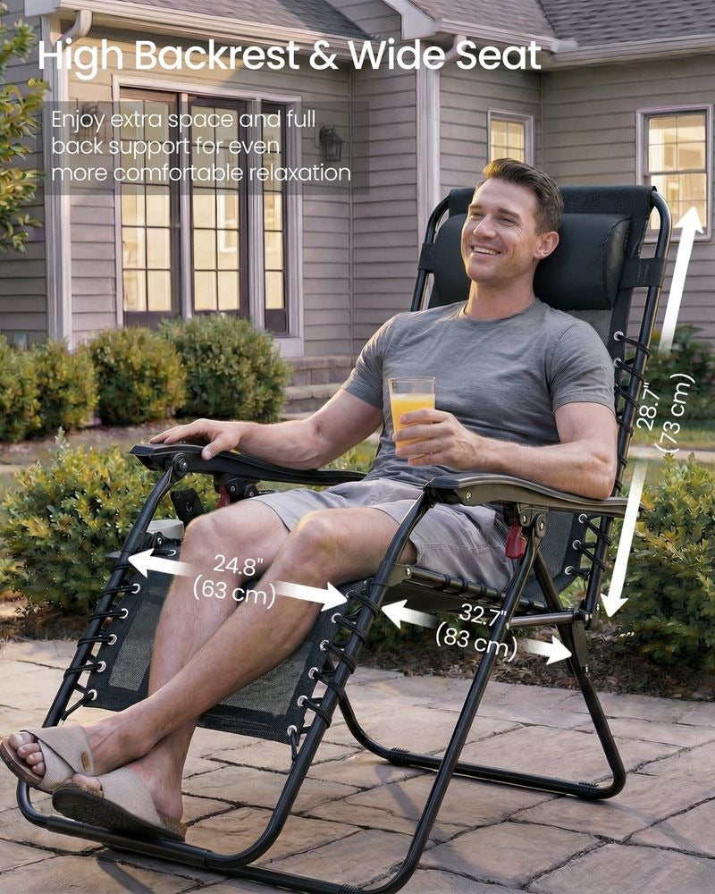 Zero Gravity Reclining Chairs - Folding Design with Tray Table - Set of 2 with Adjustable Headrest