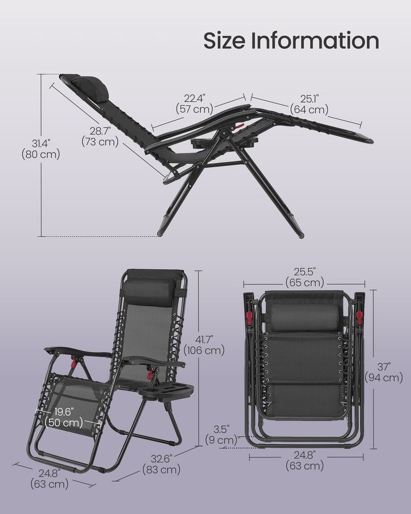 Zero Gravity Reclining Chairs - Folding Design with Tray Table - Set of 2 with Adjustable Headrest