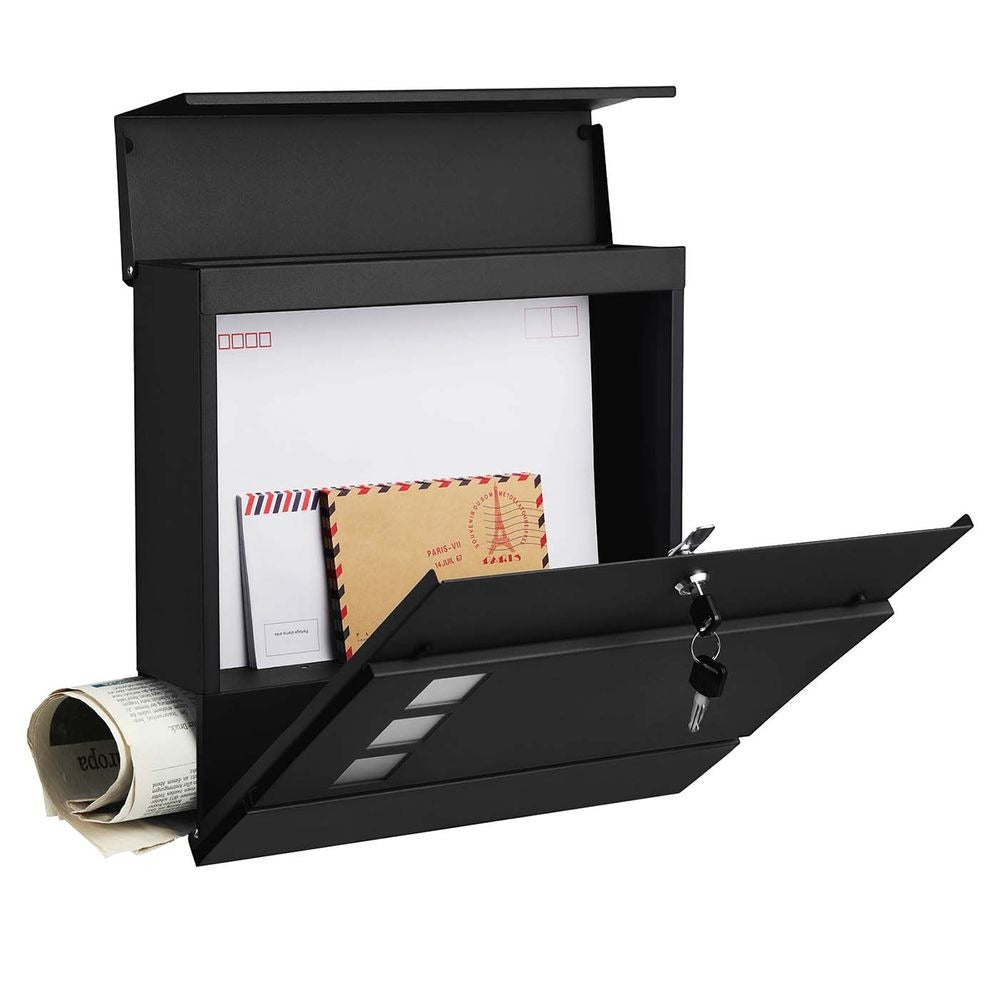 Wall Mounted Mail Box - Lockable Design with Newspaper Holder - Metal Construction