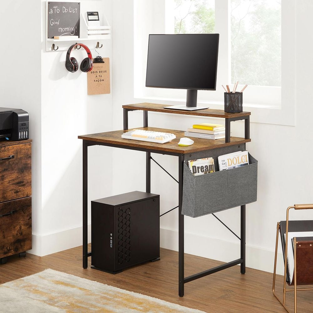 Computer Desk - Industrial Style with Monitor Riser - Brown Compact Workspace Design