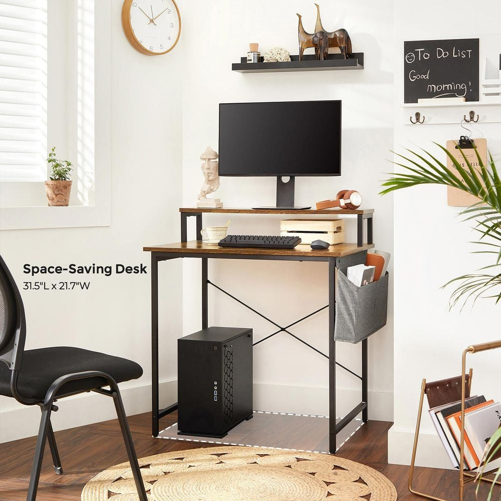 Computer Desk - Industrial Style with Monitor Riser - Brown Compact Workspace Design