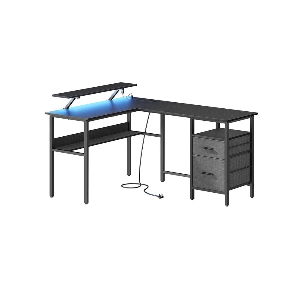 L-Shaped Computer Desk - Built-In Power Outlets - Corner Workspace Design