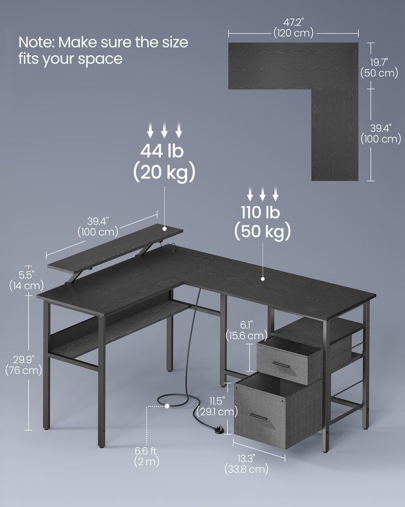 L-Shaped Computer Desk - Built-In Power Outlets - Corner Workspace Design