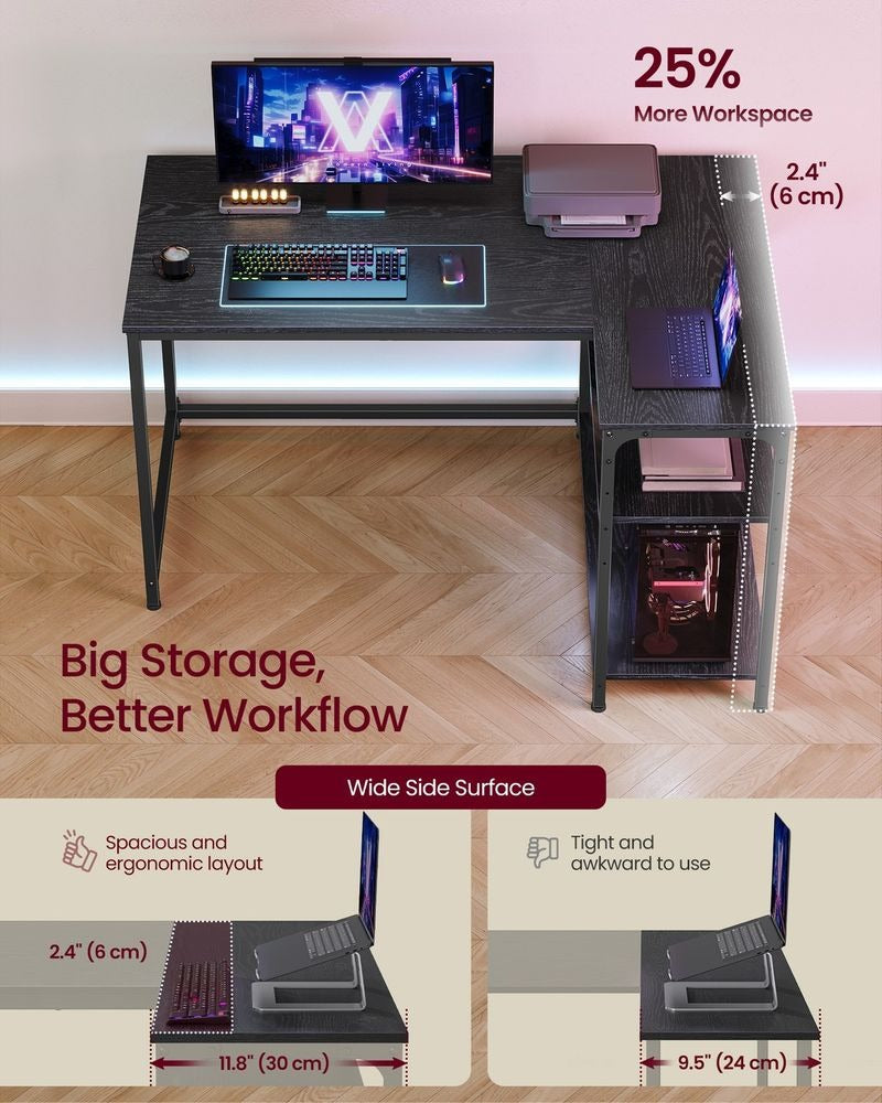 Corner Desk - Adjustable Shelving Storage - L-Shaped Home Office Desk