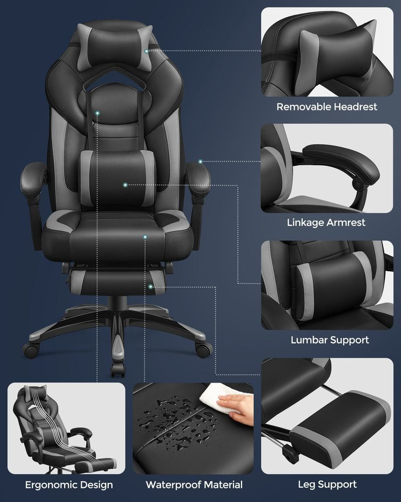 Gaming Chair - Ergonomic Adjustable Headrest - Reclining Office Seat Design