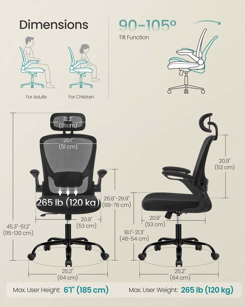 Office Chair - Ergonomic Mesh with Folding Armrests - Adjustable Height Design