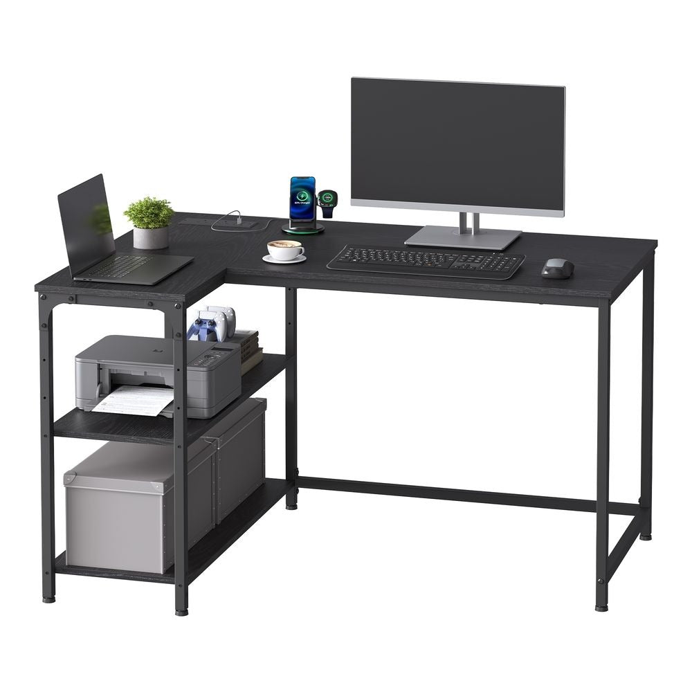 Computer Desk - Built-In Power Outlets - L-Shaped Storage Shelves Corner Desk