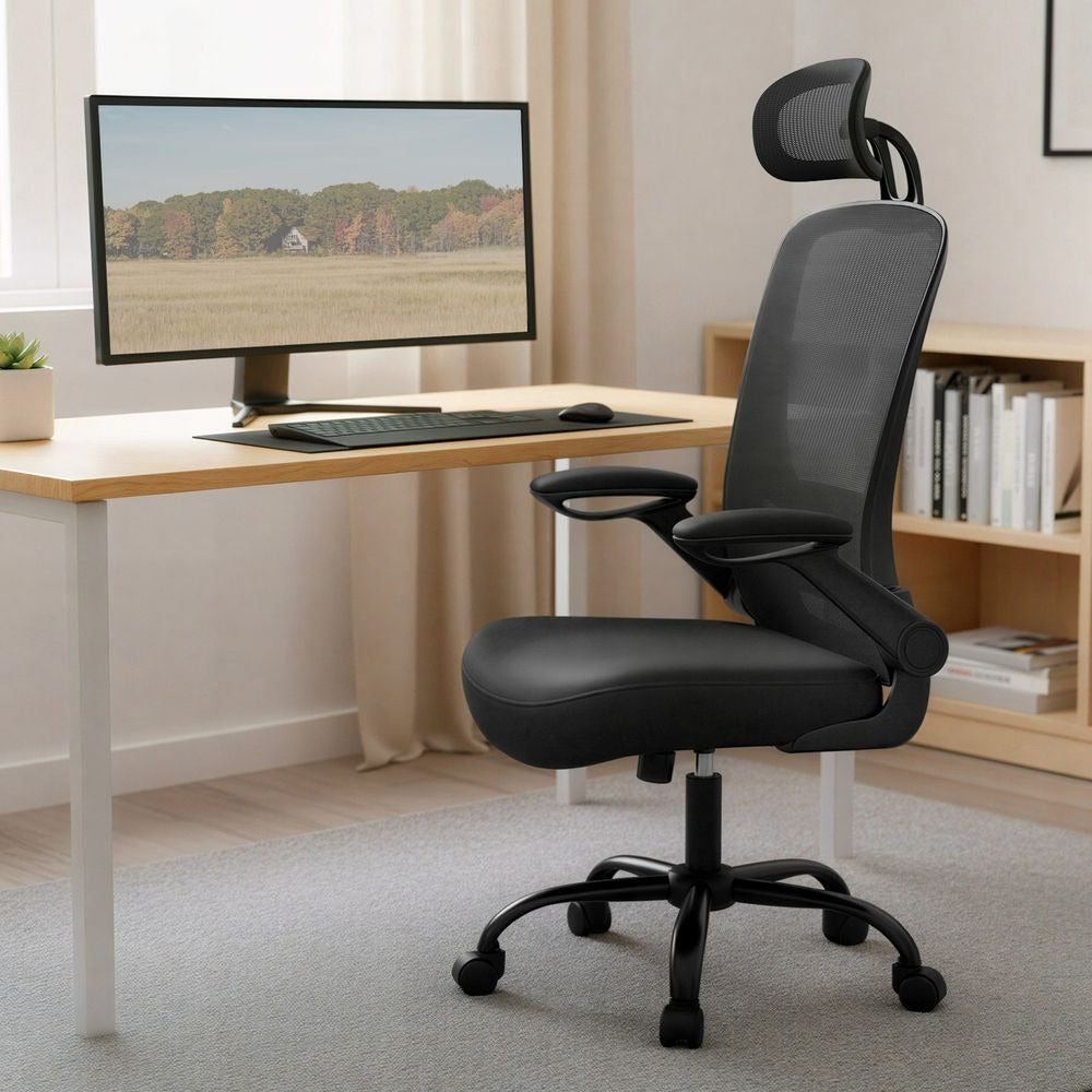 Office Chair - Ergonomic Mesh with Lumbar and Head Support - Swivel Home Office Seating Design